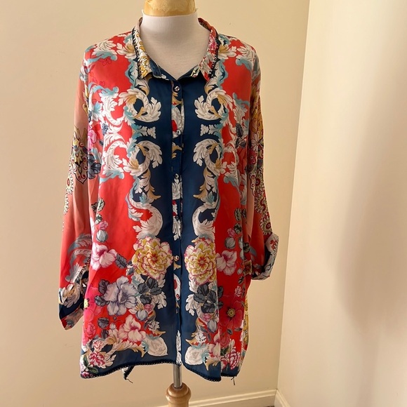 JOHNNY WAS Size XL Dusk button down top with roll tab sleeves